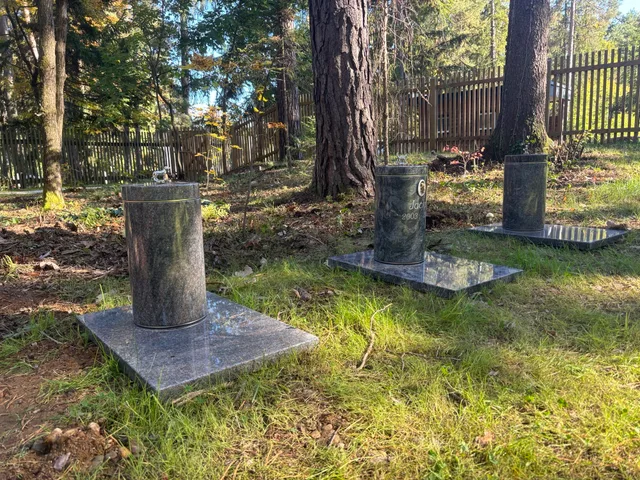 Zwei Tierurnen auf Natursteinsockeln im Wald